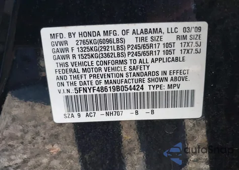 2009 Honda Pilot Ex-L from USA, damaged, VIN 5FNYF48619B054424